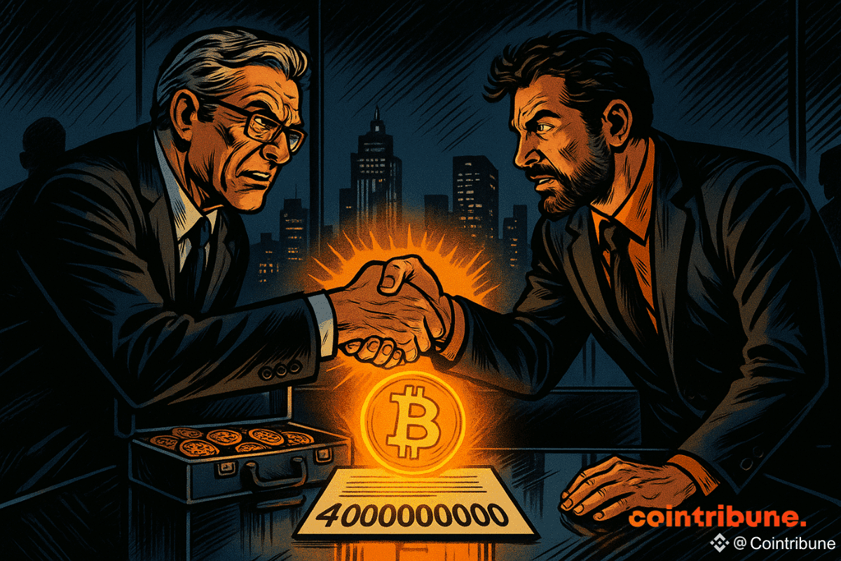 Deux hommes en costume se serrent la main devant une mallette de Bitcoins et un contrat marqué "4 000 000 000", ambiance dramatique.