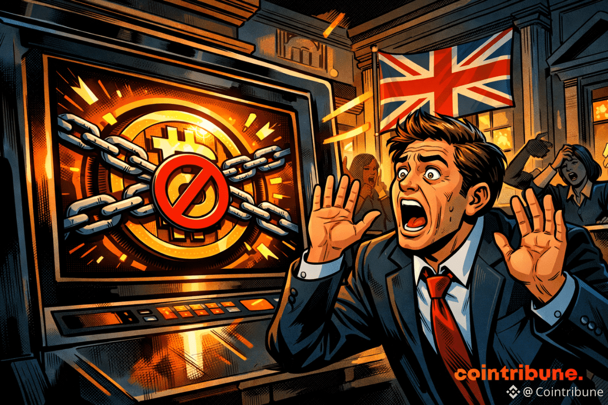 Un homme en costume panique alors que les banques britanniques bloquent les transactions Bitcoin à l'écran, avec une foule inquiète en arrière-plan.