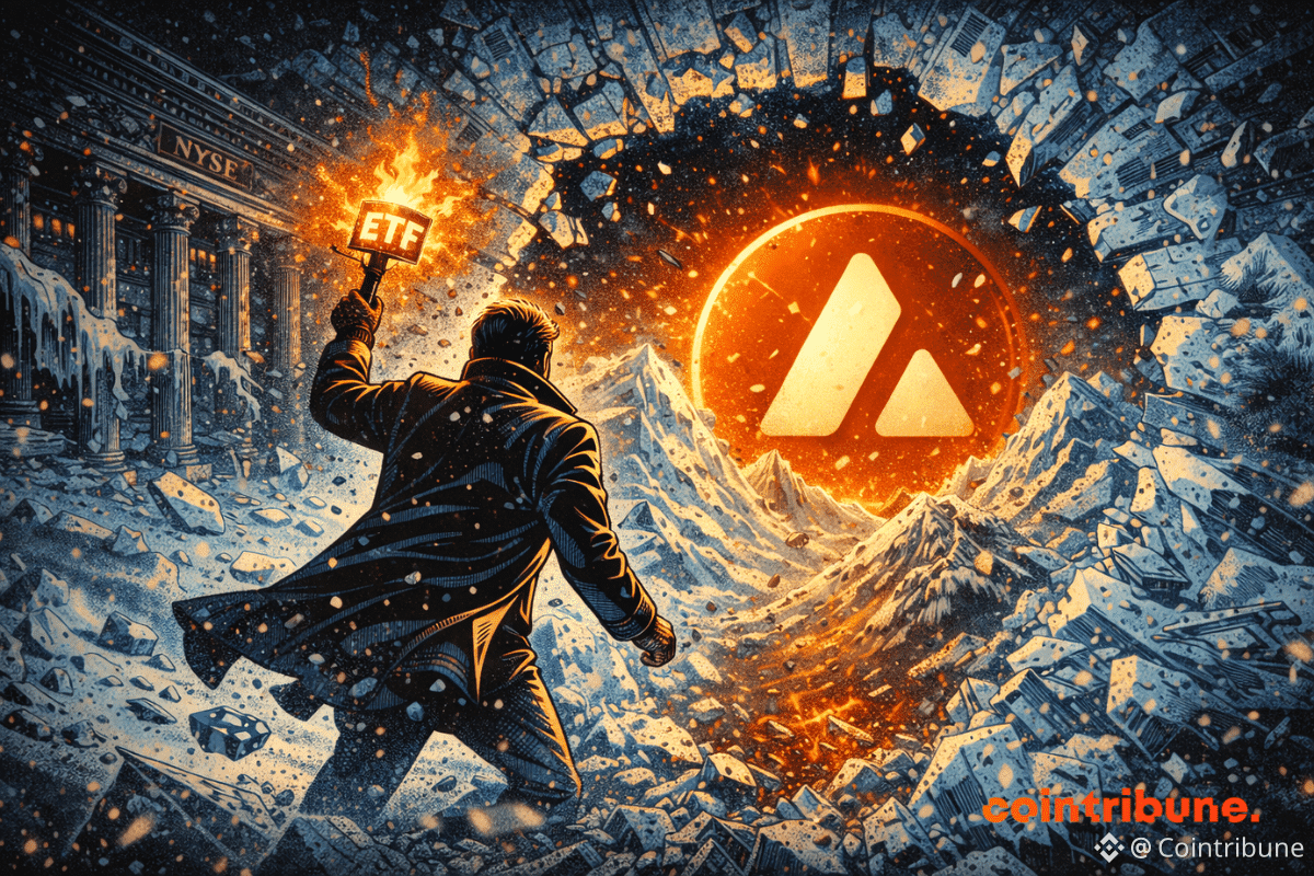 Un homme brise un mur de glace avec une torche ETF, révélant le logo Avalanche brillant au cœur des montagnes.