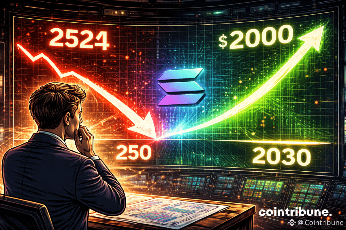 Un analyste bancaire de Standard Chartered regarde deux courbes temporelles : l’une descendant vers 250 $ (2026), l’autre montant jusqu’à 2 000 $ (2030).
