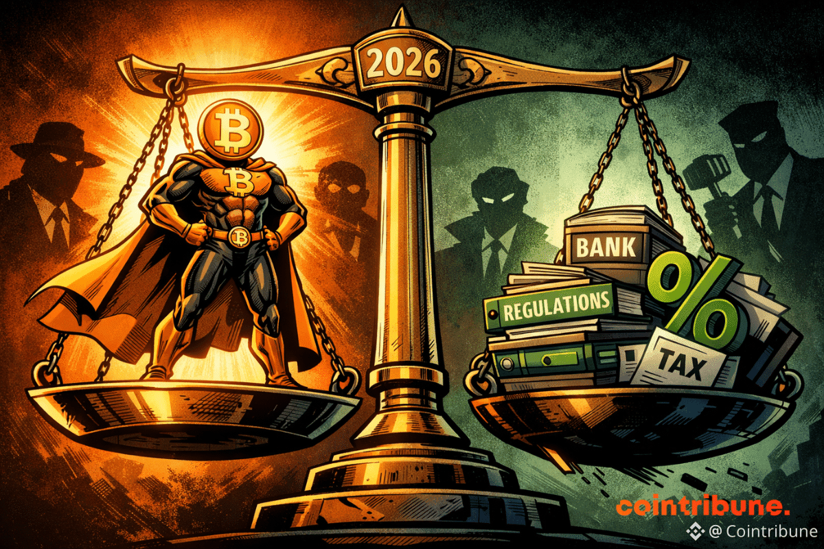 Un super-héros Bitcoin défie une balance déséquilibrée, face à des forces financières obscures symbolisées par lois, banques et taxes.