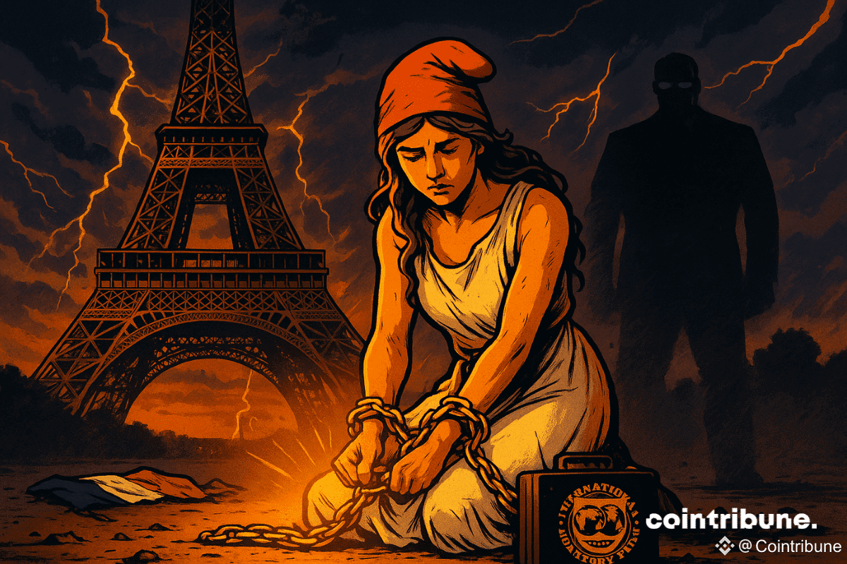 Une figure féminine emblématique de la France, à genoux, légèrement inclinée vers l’avant. Ses poignets enchaînés par des chaînes dorées lourdes, reliées à une mallette noire posée au sol devant elle, estampillée du logo du FMI, ce qui symbolise une mise sous tutelle à cause d’une dette publique colossale.