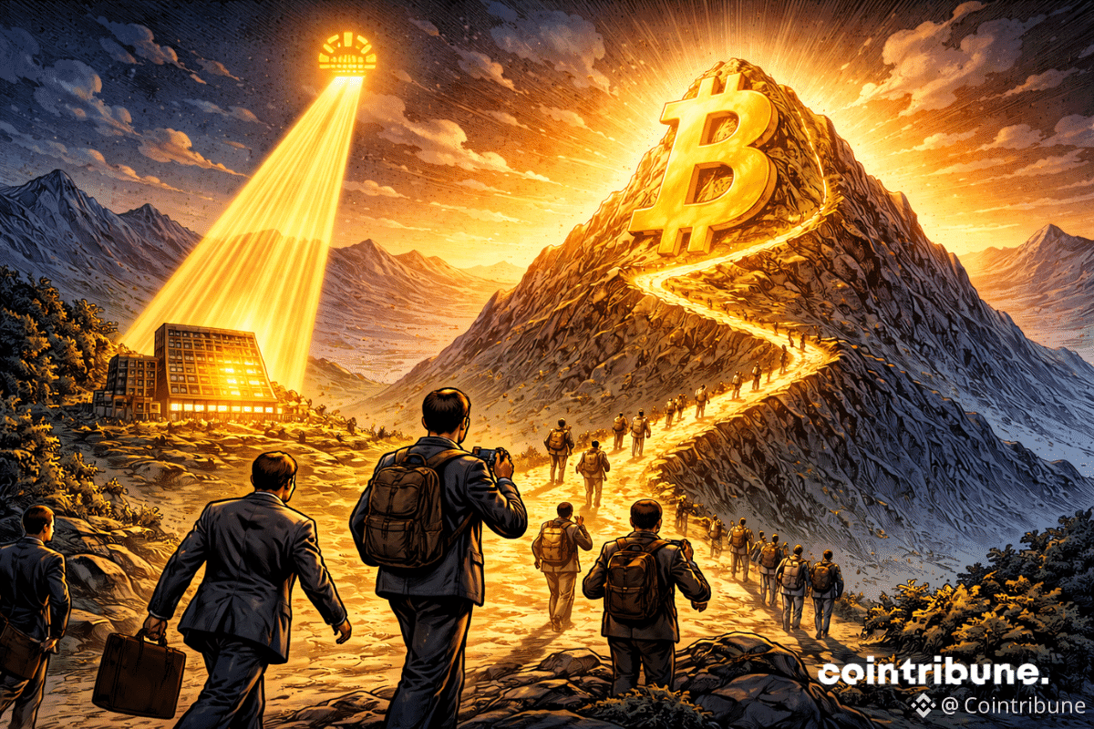 Une lumière projetée depuis un bâtiment Binance au sol illumine un sentier en virage qui grimpe jusqu’au sommet portant un Bitcoin.