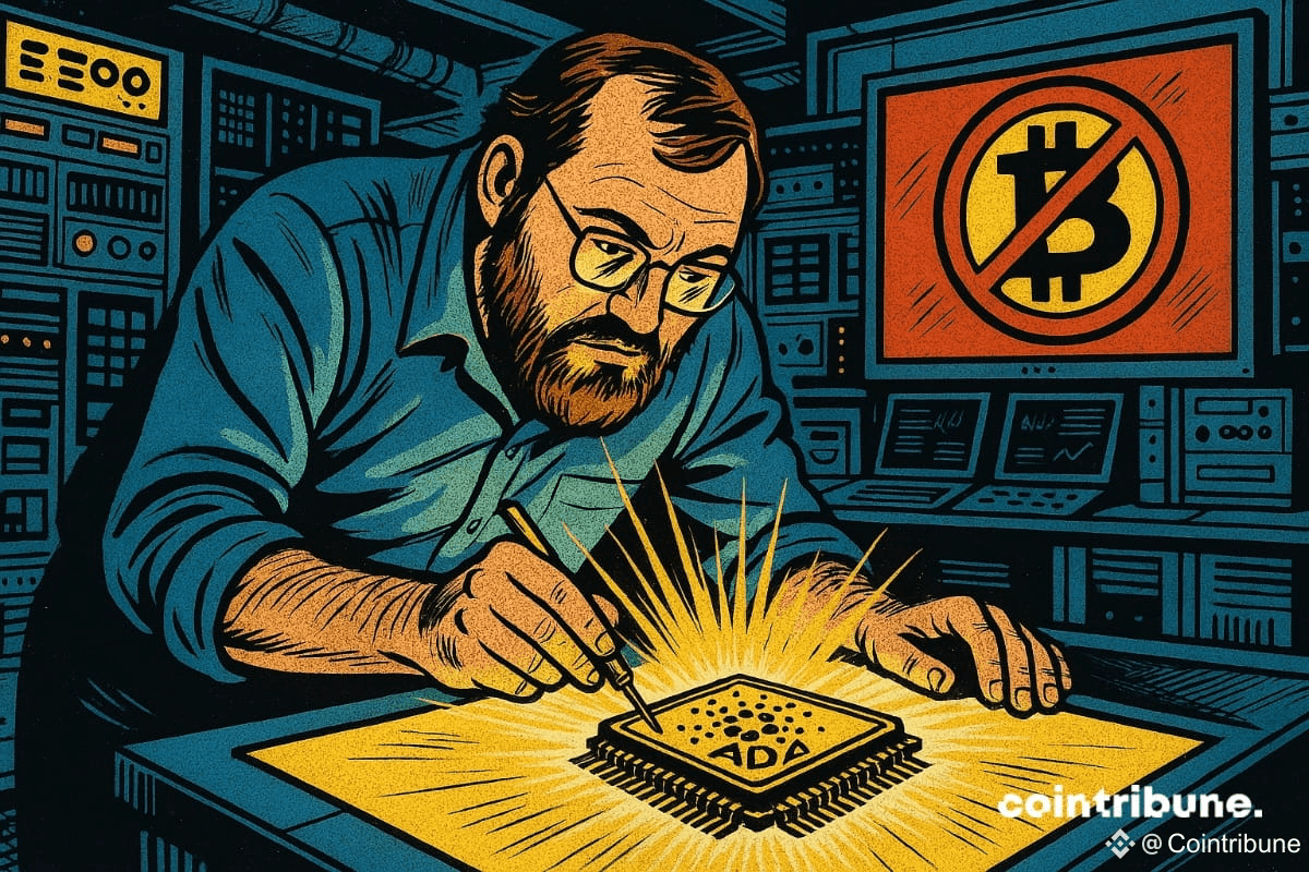 Le fondateur de Cardano, Charles Hoskinson, en train de travailler sur un ADA surpuissant, tandis que le bitcoin est barré sur une affiche derrière.