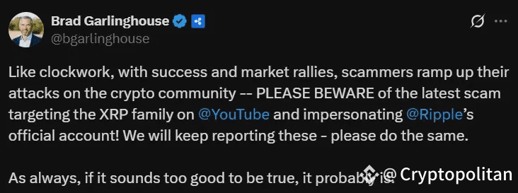 Ripple flags a new XRP scam wave on YouTube.