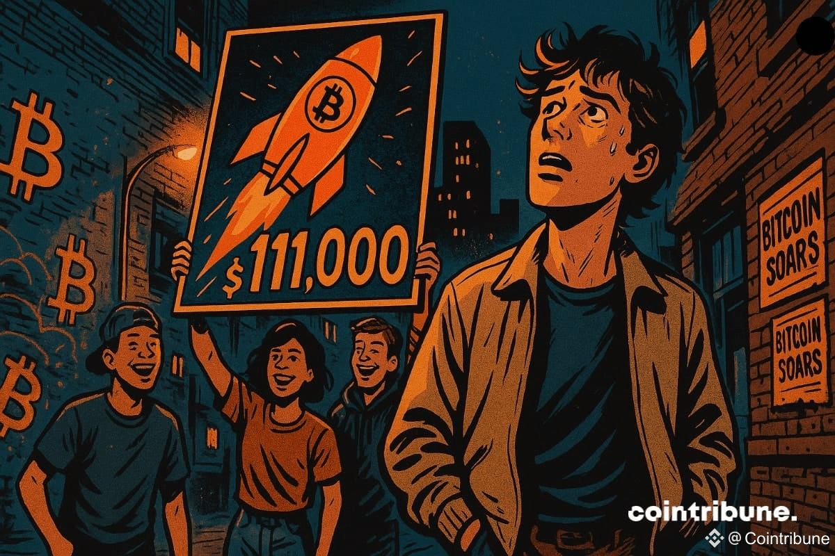 Un jeune inquiet de la flambée du bitcoin à 111 000 dollars, pendant que d’autres sont en joie.