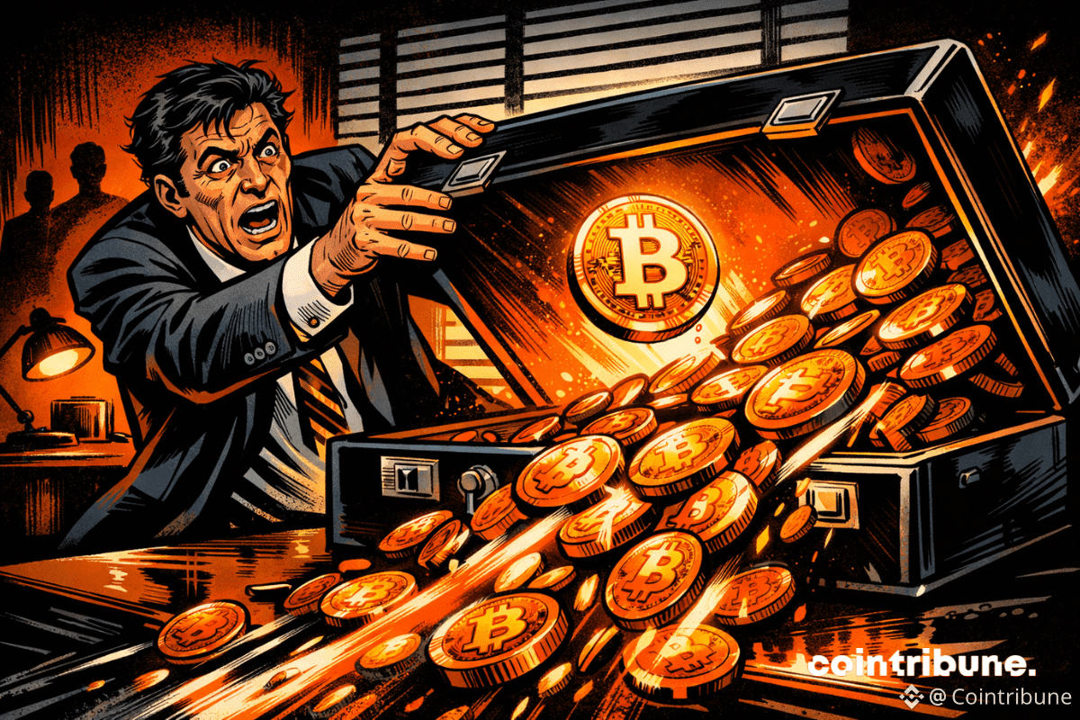 Un homme affolé tente de retenir bitcoin qui s’échappe d’une mallette.