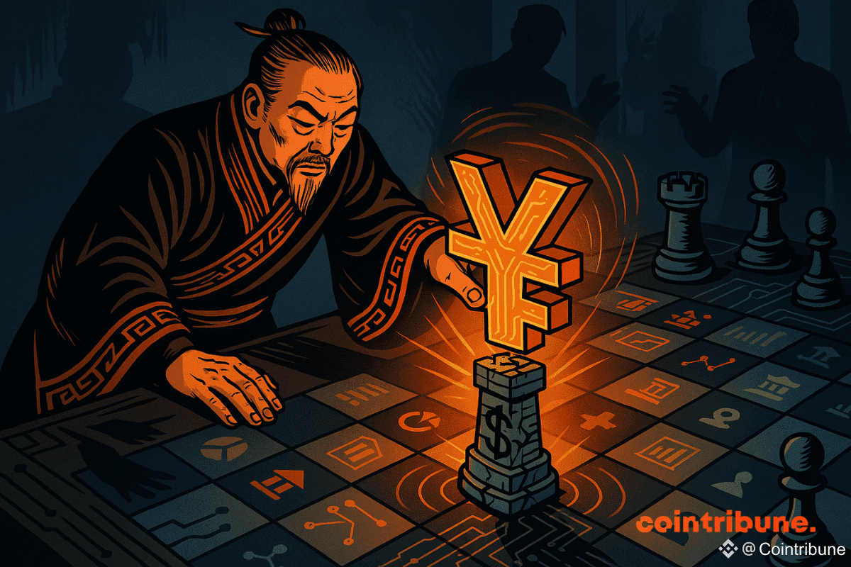 Stratège chinois en train de manipuler une pièce de Yuan pour écraser un tour symbolisant le dollar