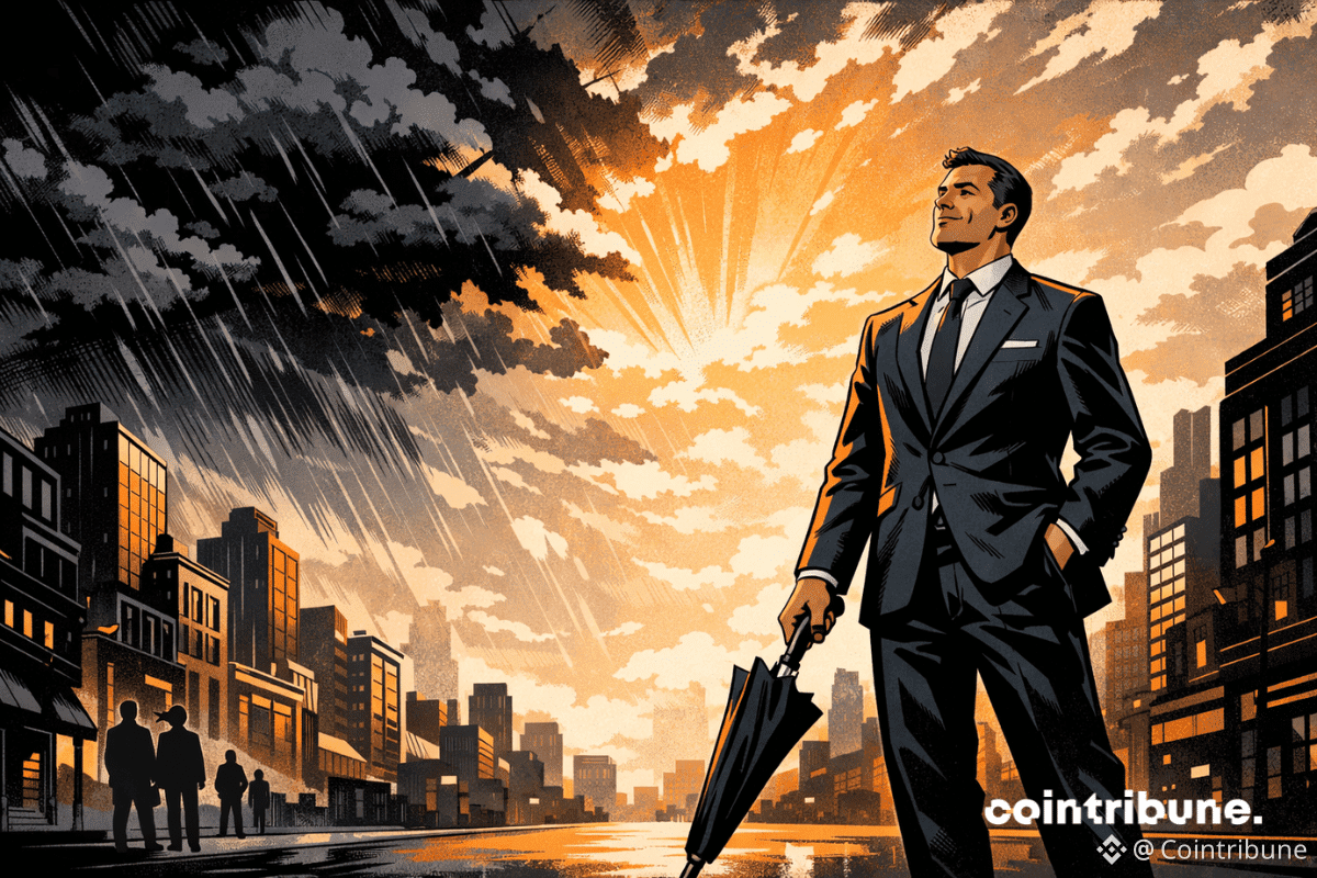 Grayscale is symbolized by a calm businessman standing in a city street as dark storm clouds part to reveal orange sunlight in a 1970s comic-book style.