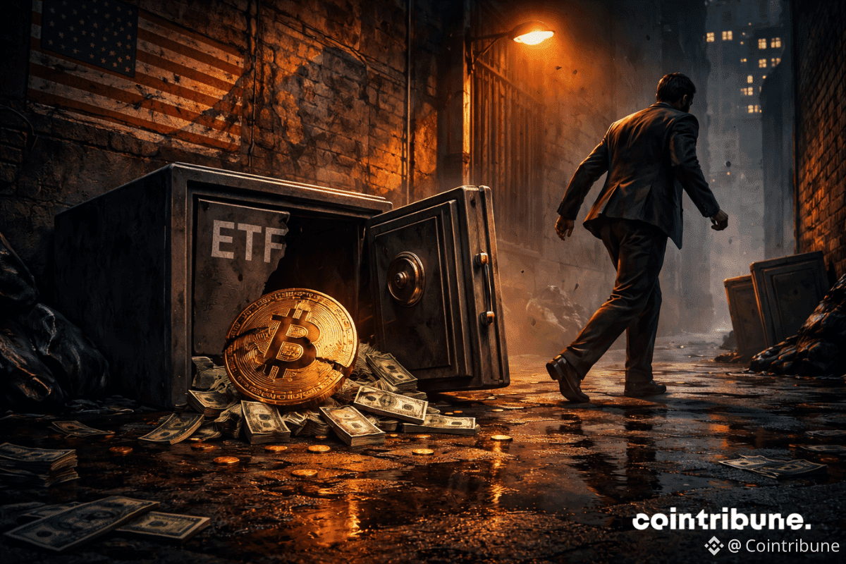 Un coffre-fort renversé marqué « ETF » laisse échapper un Bitcoin brisé et des billets dans une ruelle.