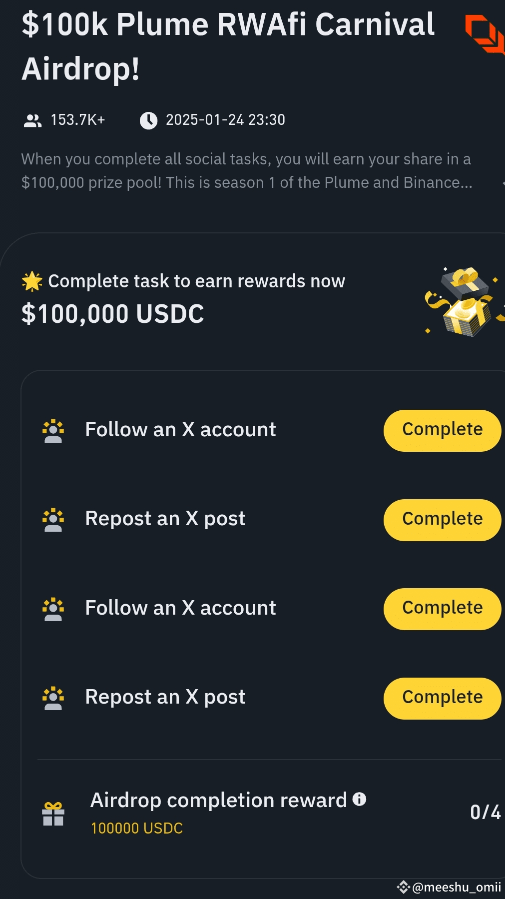 $100k Plume RWAFi Carnival Airdrop! 🎉 📅 Ends: January 24, | Lena_Dunham  on Binance Square