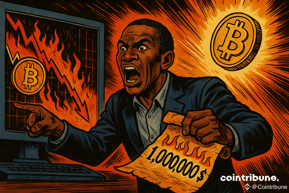 Arthur Hayes, furieux et exalté, pointe un écran où le Bitcoin s'effondre, tenant un parchemin brûlant marqué "1 000 000 $.