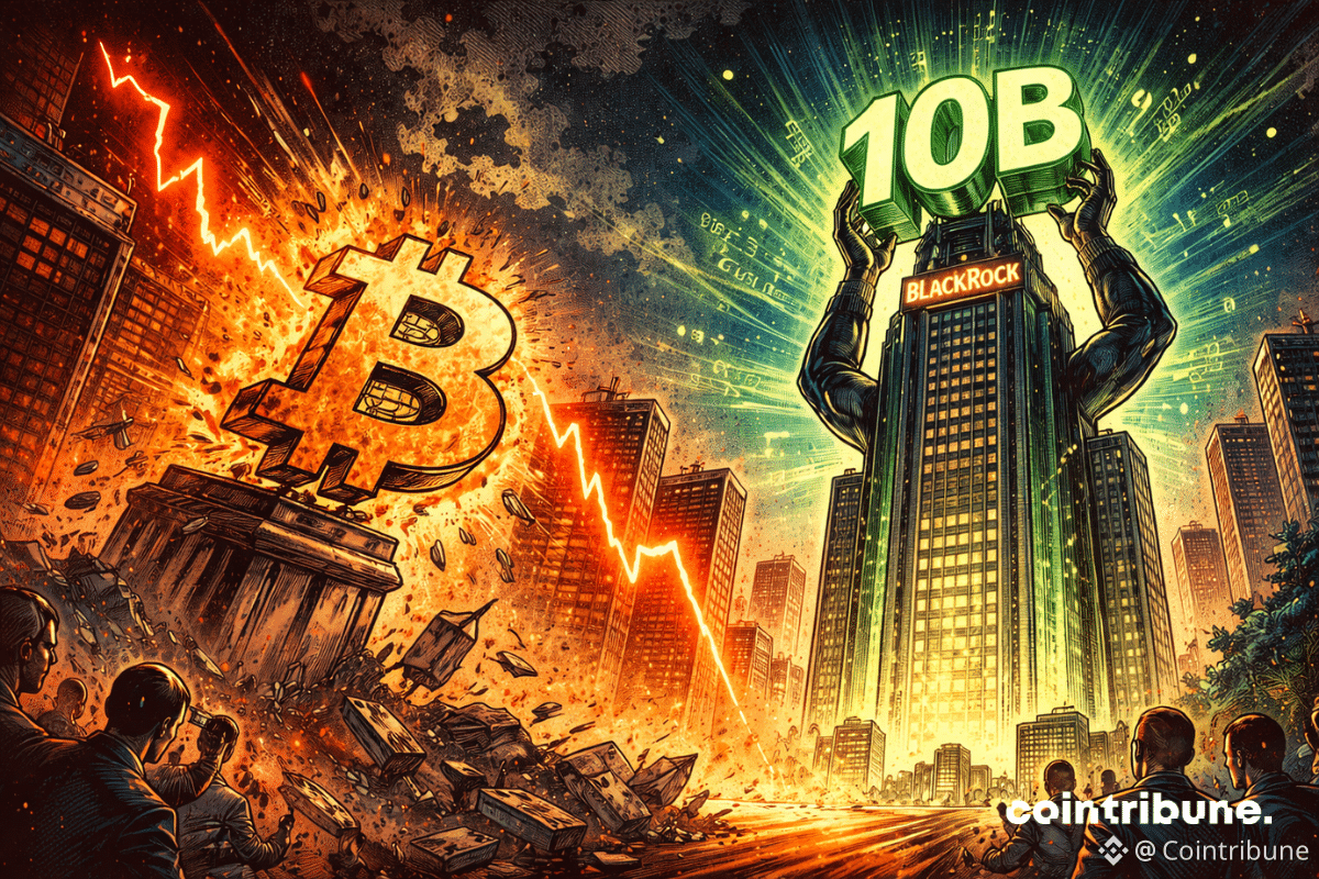 BlackRock émerge comme une forteresse, avec des chiffres flottants "10B", tandis que Bitcoin se désintègre sous la pression.