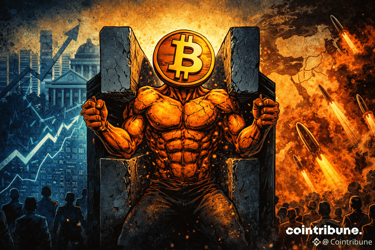 Un Bitcoin musclé lutte entre deux forces opposées, écrasé par tensions économiques et militaires, tandis que le monde observe inquiet autour