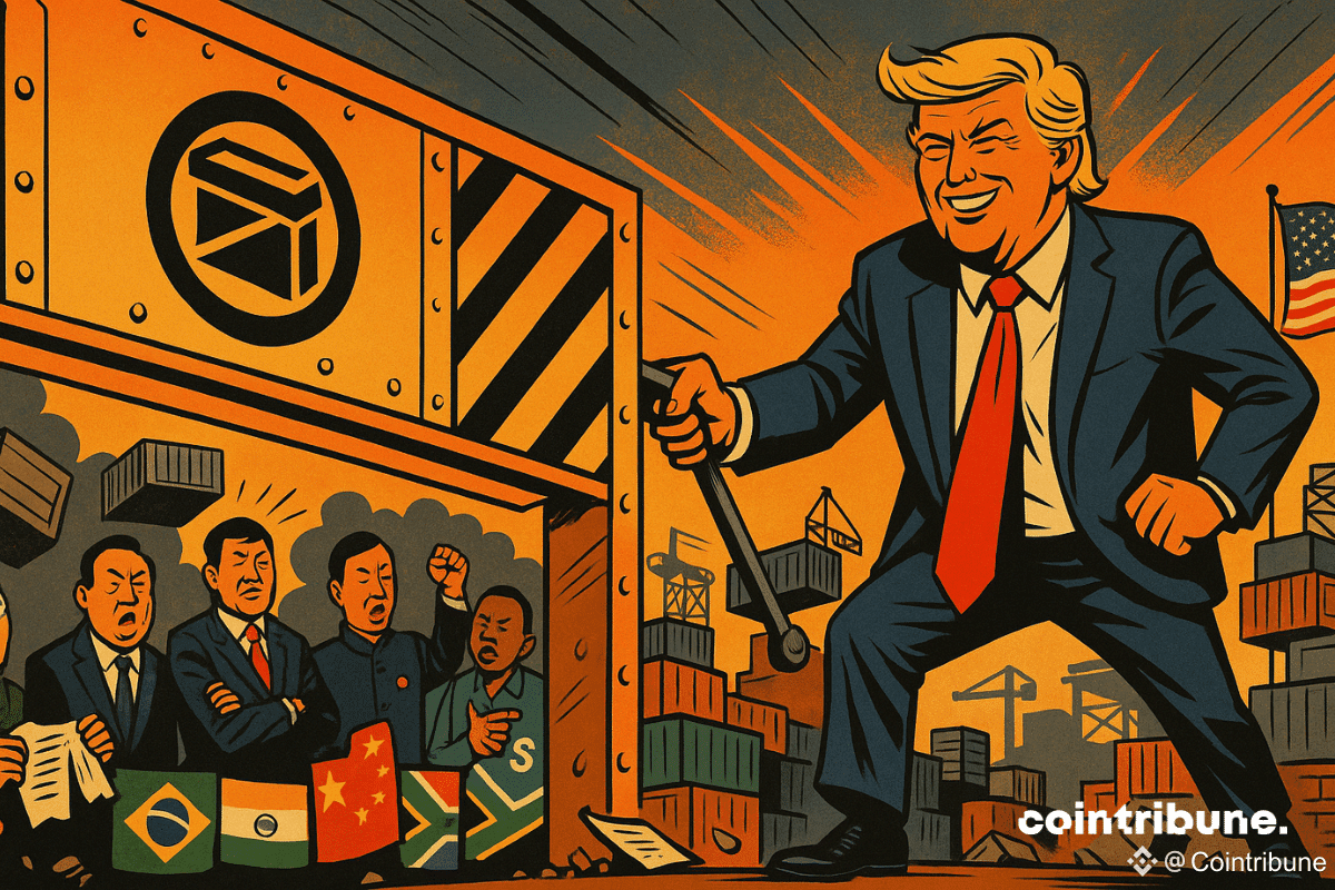Donald Trump, silhouette imposante, costume bleu saturé, cravate rouge éclatante, et mèche blonde exagérée. Il sourit d’un air provocateur tout en abaissant une barrière douanière métallique avec un levier. Des dirigeants des BRICS dans des postures de réaction l’observent.