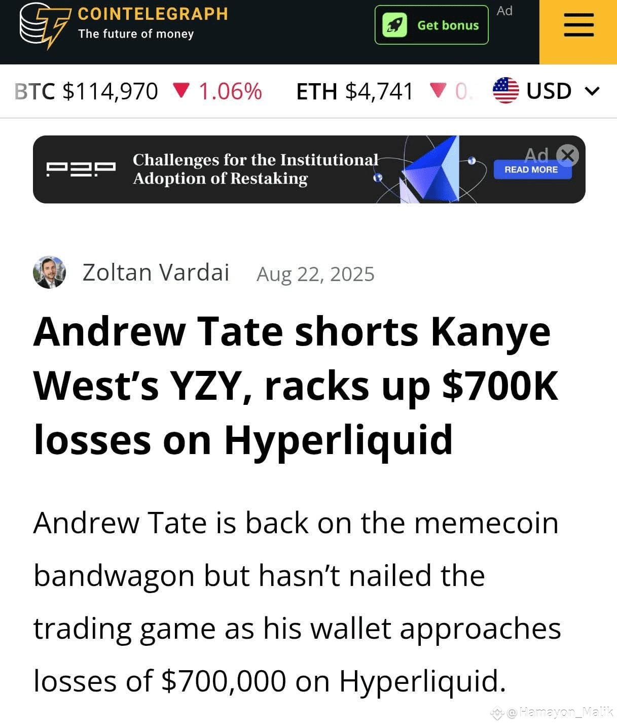 Andrew Tate might be one of the worst traders in crypto: • | Hamayon_Malik  on Binance Square