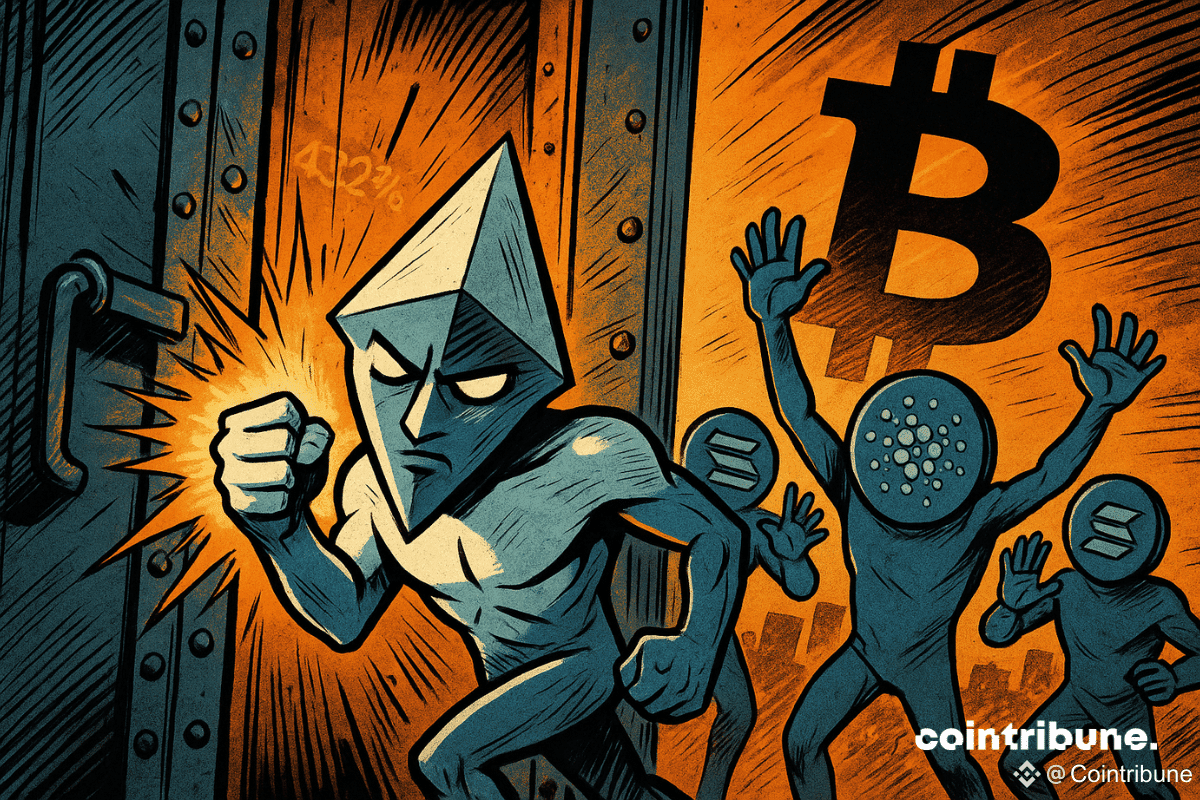 Ethereum en tête, les altcoins explosent une porte blindée marquée du symbole Bitcoin, libérant une lumière orange intense annonçant l’arrivée fracassante de l'altseason.