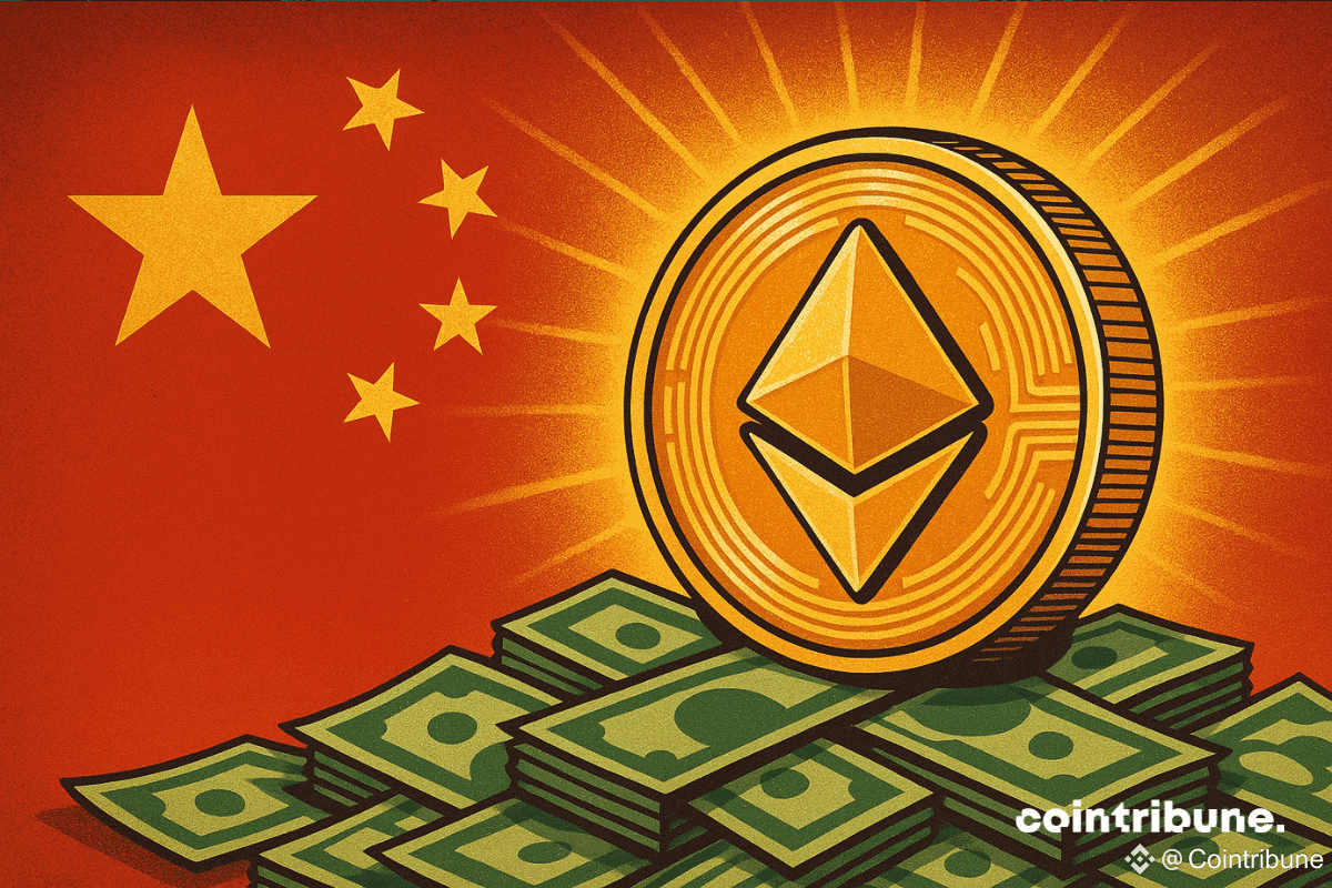 Illustration d'une grande pièce de monnaie brillant sur fond de drapeau chinois, avec des piles de billets de dollars américains à sa base, symbolisant l'implication croissante de la Chine dans les actifs numériques et le développement de stablecoins.