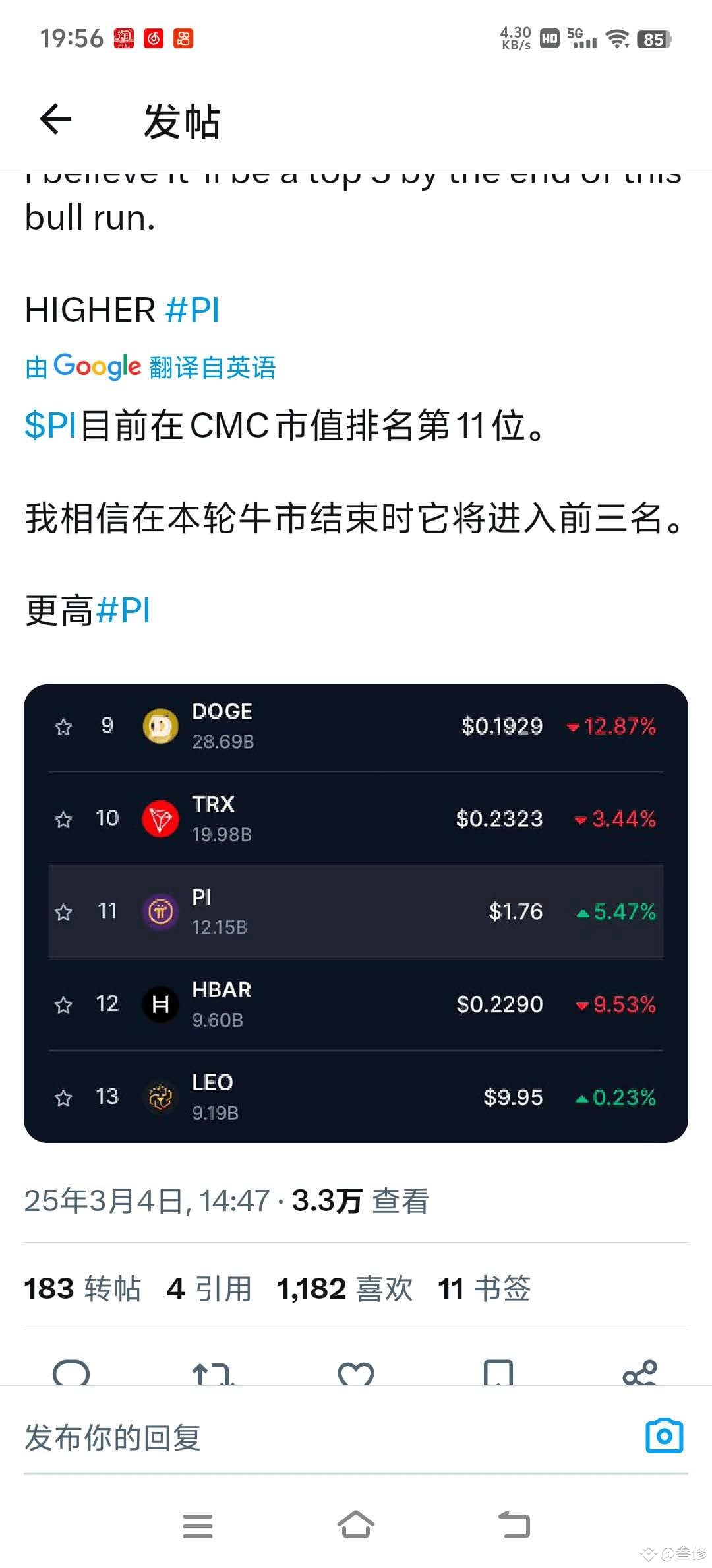 Pi币在Coinmarketcap.com追踪的所有加密货币中排名第11位🎉 (Coinmarketcap.com声| 叁修on Binance  Square