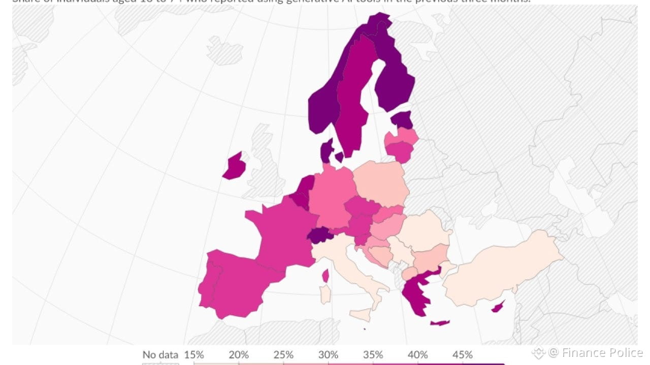 Map showing the share of people in European countries who reported using generative AI tools in 2025.