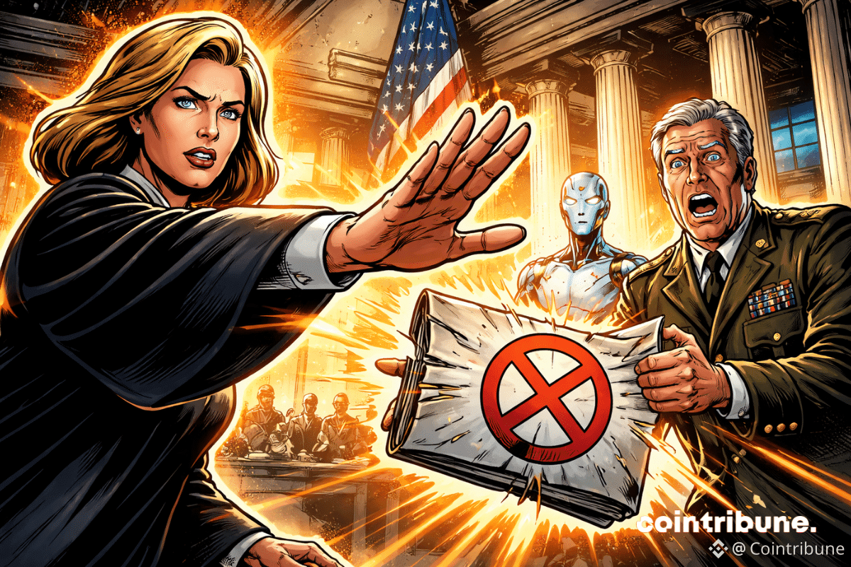 Une juge bloque le Pentagone, dossier IA d'Anthropic en main, sous le regard de Trump et d’un androïde, dans un chaos judiciaire.