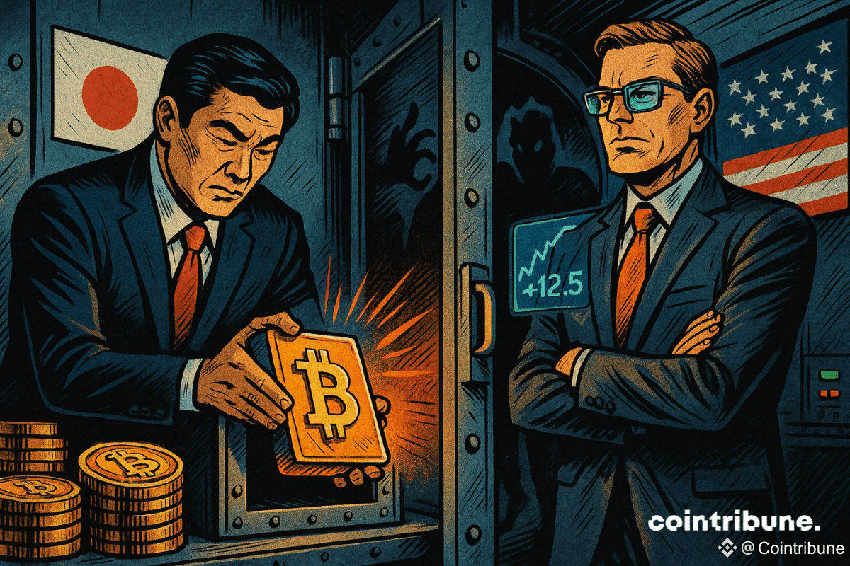 Deux dirigeants respectivement de Metaplanet et Semler observent des pièces de Bitcoin dans une forteresse.