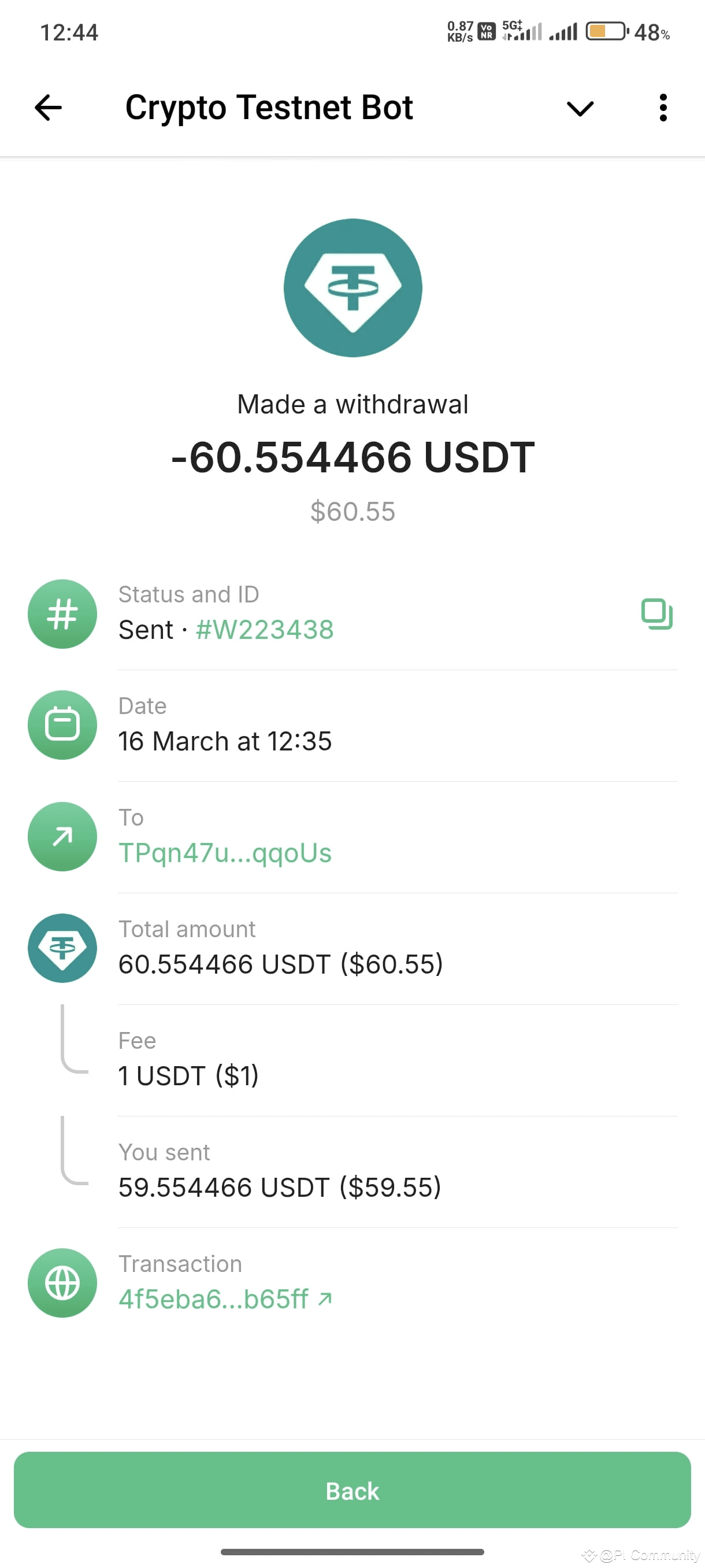 I made a withdrawal from Crypto testnet bot on telegram. But | PI Community  on Binance Square