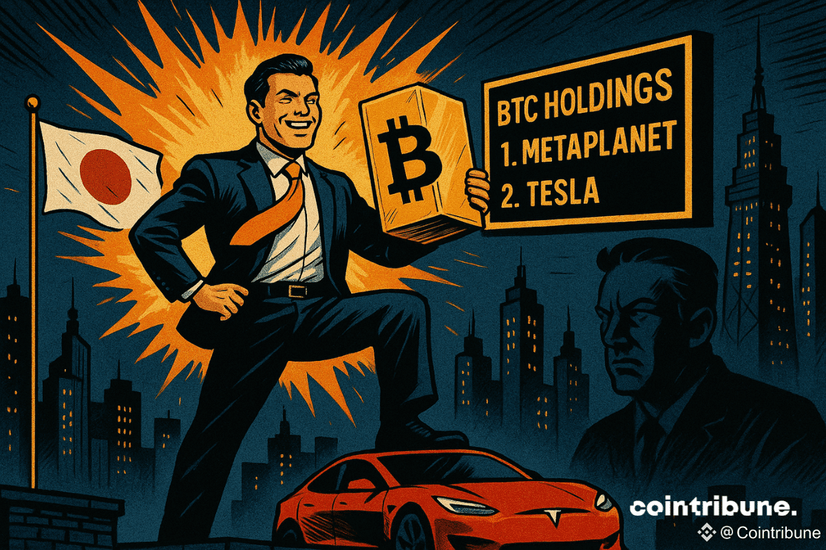 Un homme d'affaires japonais triomphant brandit un lingot Bitcoin sur un toit urbain. Devant un panneau "BTC HOLDINGS", Metaplanet surclasse Tesla. Explosion orange, tension et domination économique