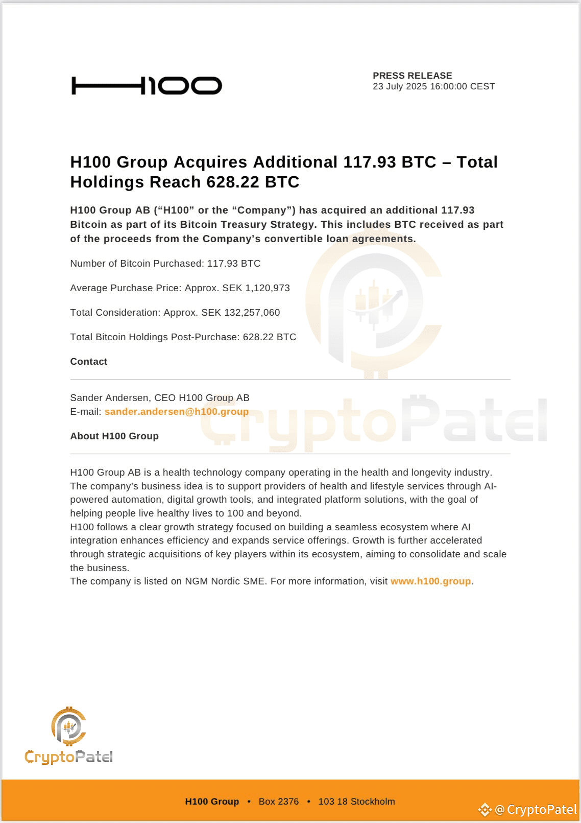 H100 Group just bought 117.93 $BTC and started trading | CryptoPatel on  Binance Square