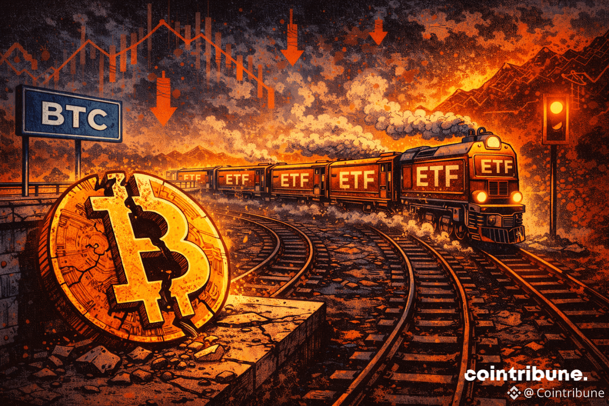Des wagons ETF quittent une gare Bitcoin abandonnée, laissant une pièce fissurée derrière eux, sous un ciel rouge inquiétant.