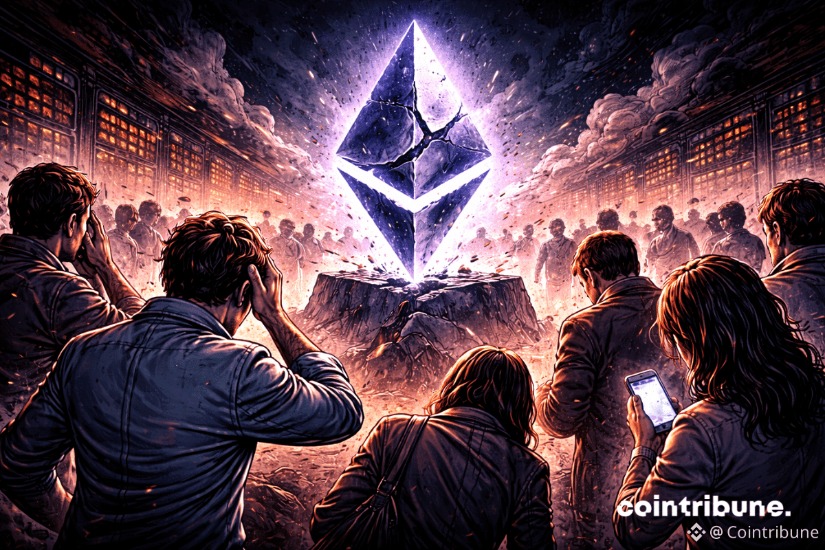 Une foule de porteurs tourne le dos à un totem Ethereum fissuré, ce qui symbolise la chute du prix de l’Ether sous les 2000 $.