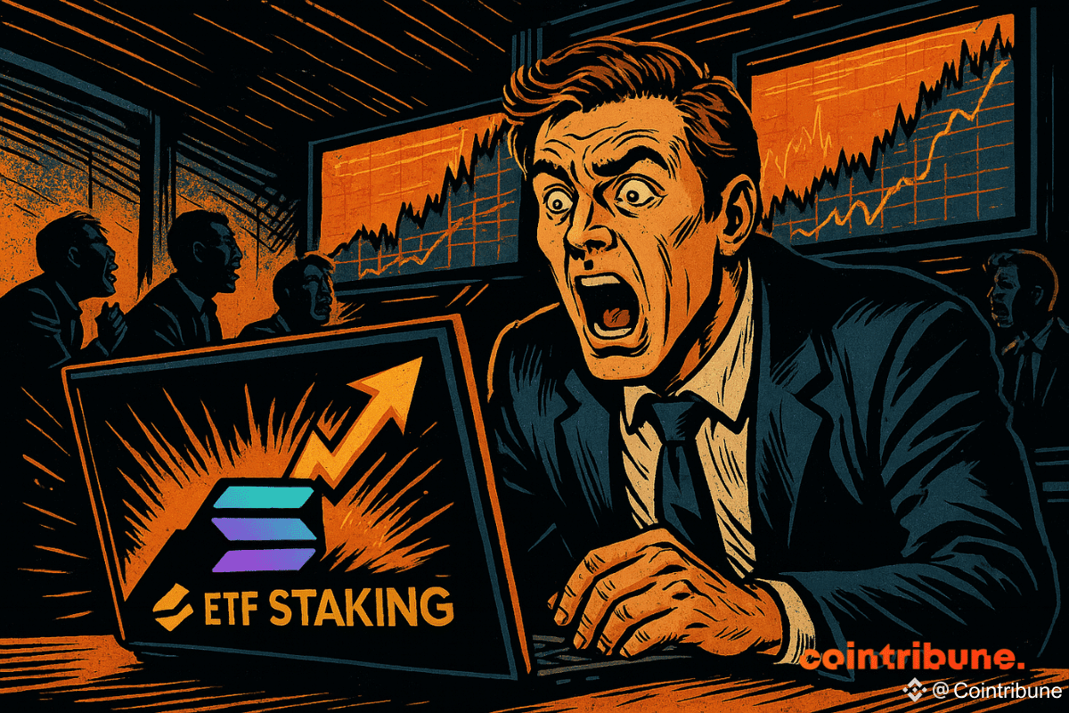 Un trader choqué regarde un graphique de Solana avec "ETF STAKING" et une flèche montante, entouré de collègues.