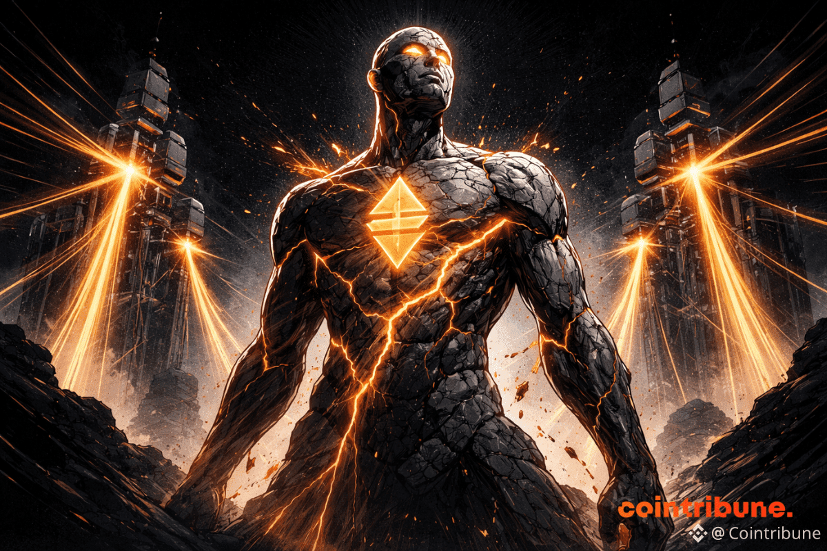 Une statue humanoïde massive et fissurée, rayonnant d'une énergie orange, se dresse dans l'obscurité tandis que des structures imposantes absorbent sa lumière. Au loin, une silhouette en costume suggère que BlackRock observe la scène.