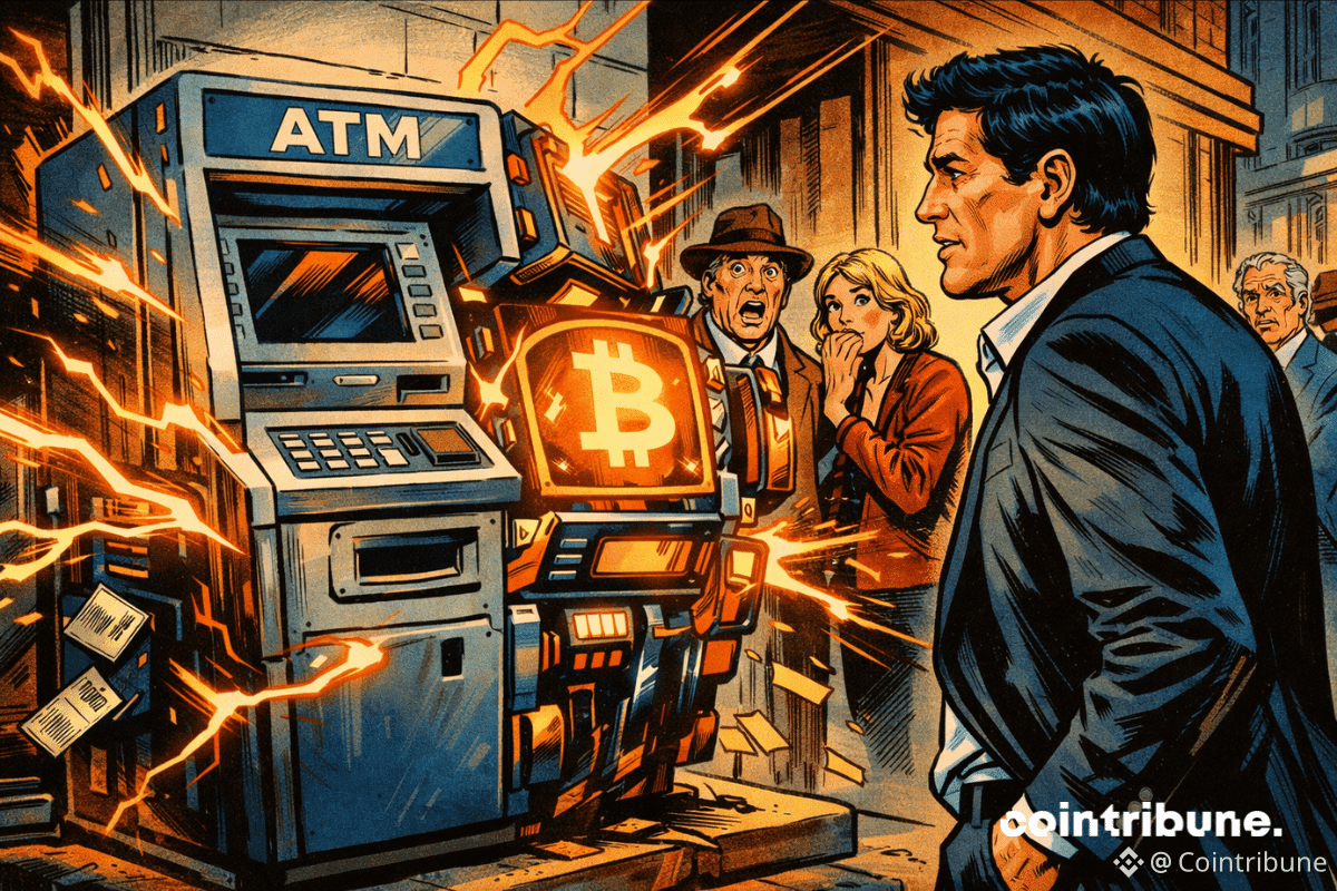 Illustration d’un distributeur automatique attaqué par un symbole Bitcoin, sous le regard d’un homme, illustrant la disruption du système bancaire par la crypto.