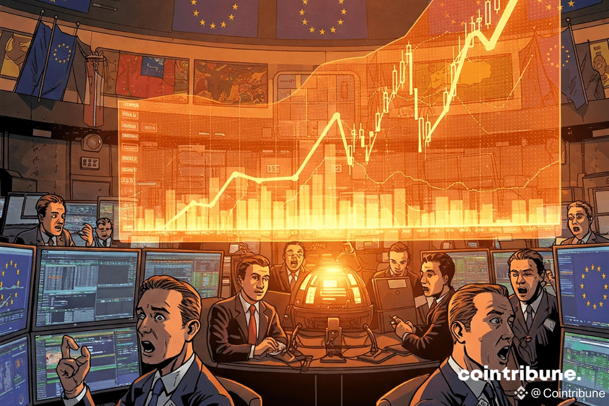 Bourse en Europe avec une ambiance électrisante et des personnages réagissant à une hausse fulgurante sur leurs écrans