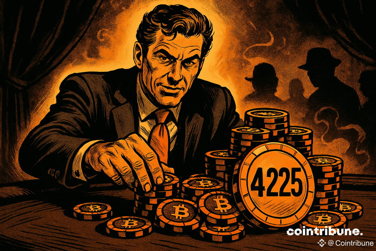Un stratège tendu mise des jetons Bitcoin sur une table de poker, sous une lumière orange, ambiance mystérieuse et fumée.
