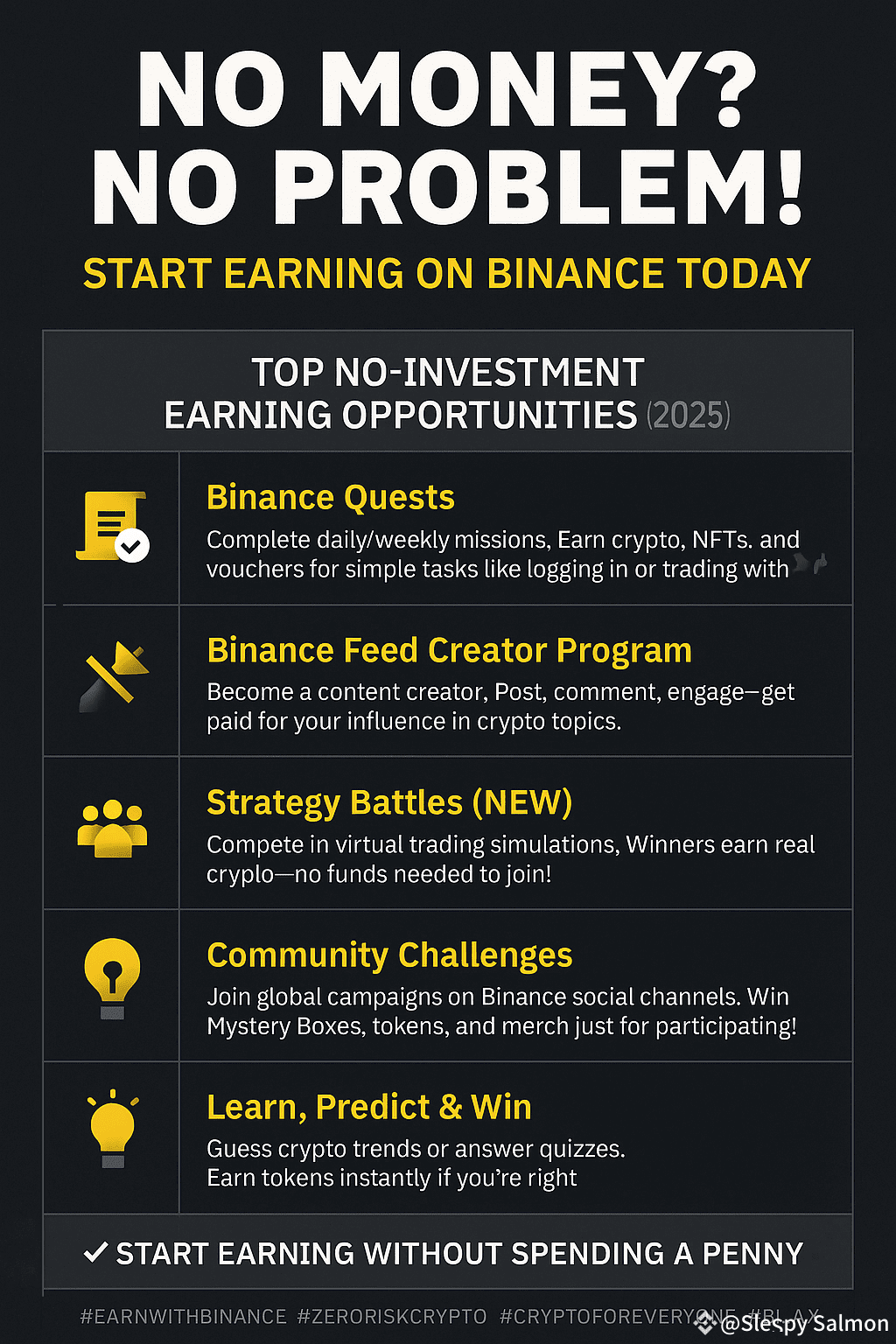 ⚡️ No Money? No Problem! Start Earning on Binance Today You | Sleepy Salmon  on Binance Square