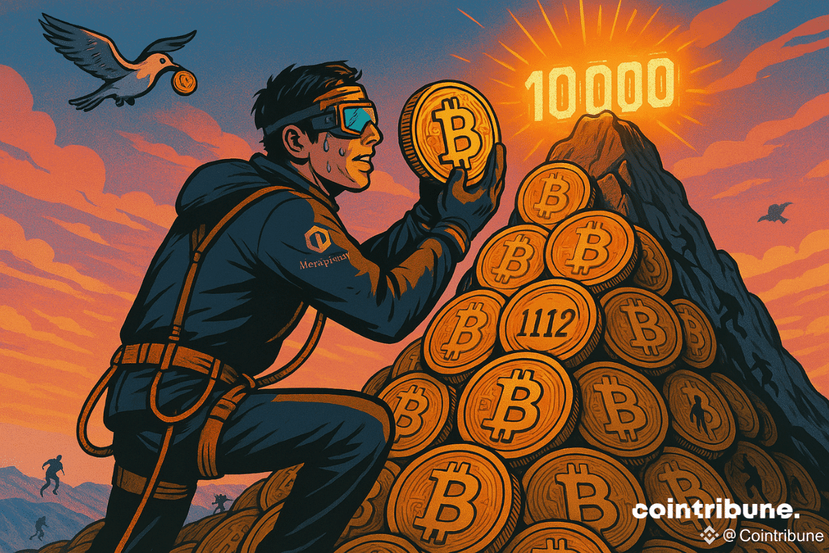 Alpiniste geek déposant une pièce de bitcoin sur une montagne dont le sommet est surplombé par le chiffre 10 000