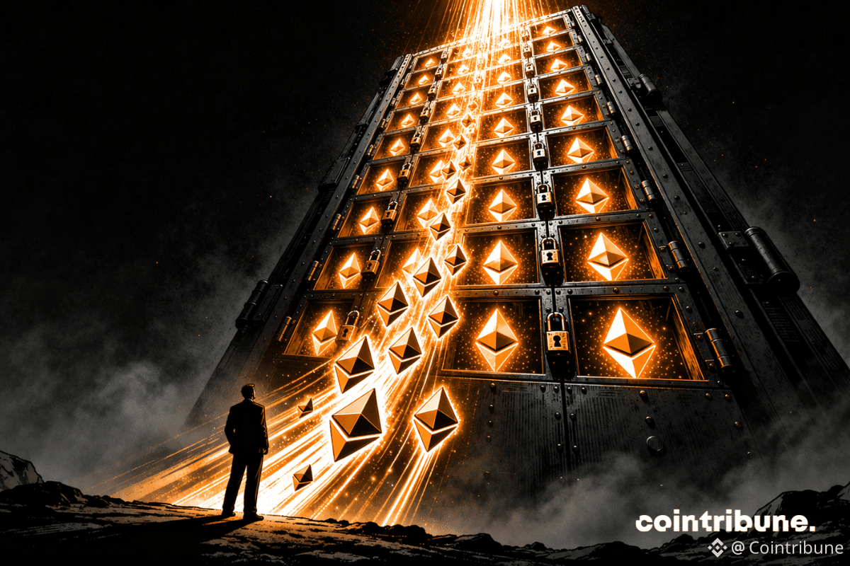 Des centaines de symboles Ethereum montent et se verrouillent dans des compartiments fermés sous le regard d’un trader, ce qui symbolise la contraction de l’offre à cause du staking.