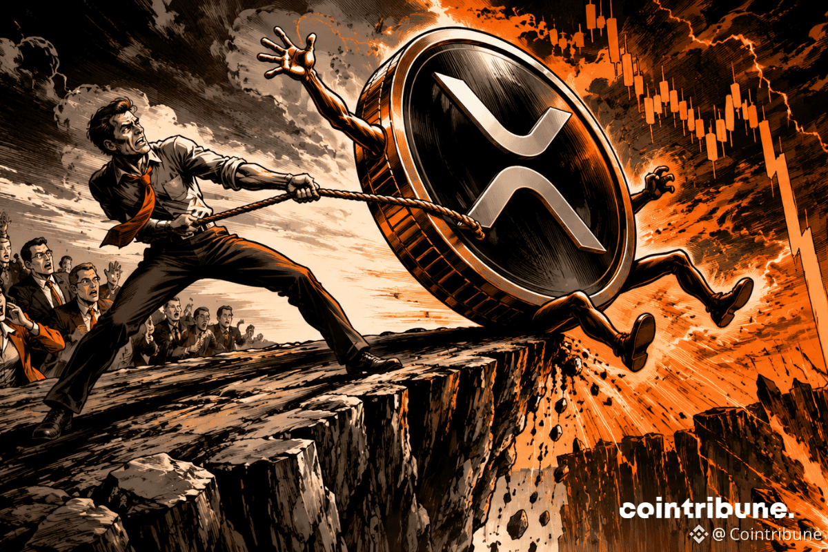Une gigantesque pièce XRP anthropomorphique glisse au bord d’une falaise. Un investisseur tente désespérément de la retenir avec une corde.