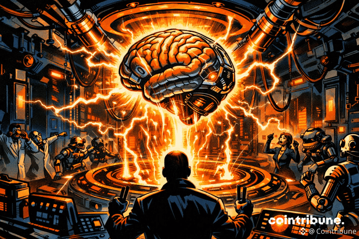 Laboratoire futuriste où Amazon alimente un cerveau artificiel, des robots OpenAI et des scientifiques réagissent.