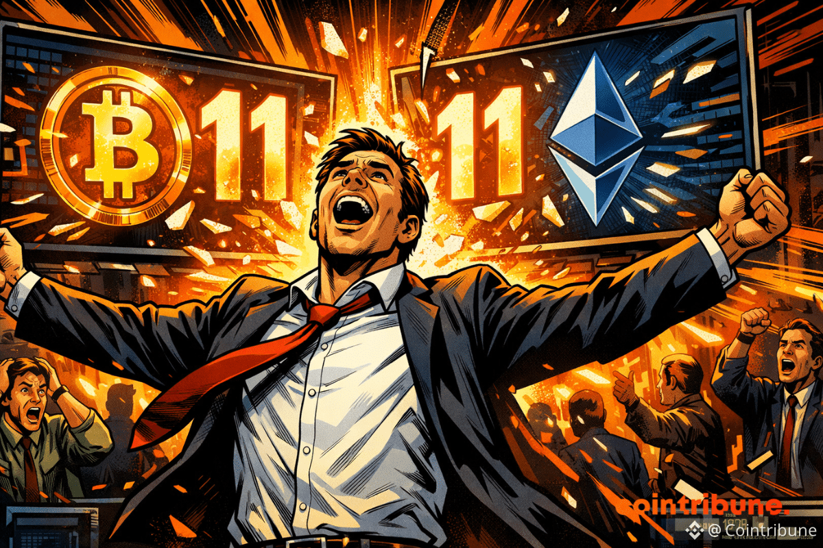 Trader euphorique explose de joie devant écrans Bitcoin et Ethereum, énergie orange jaillissante, chaos financier intense, scène dynamique style comics années 70