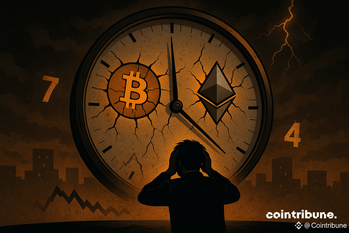 Sur une horloge géante, l’aiguille des minutes frôle minuit. Sur le cadran fissuré, les icônes du Bitcoin (pièce dorée) et d’Ethereum (cristal argenté) se craquèlent et donnent l’impression d’être sur le point d’exploser, ce qui symbolise l’expiration des options.