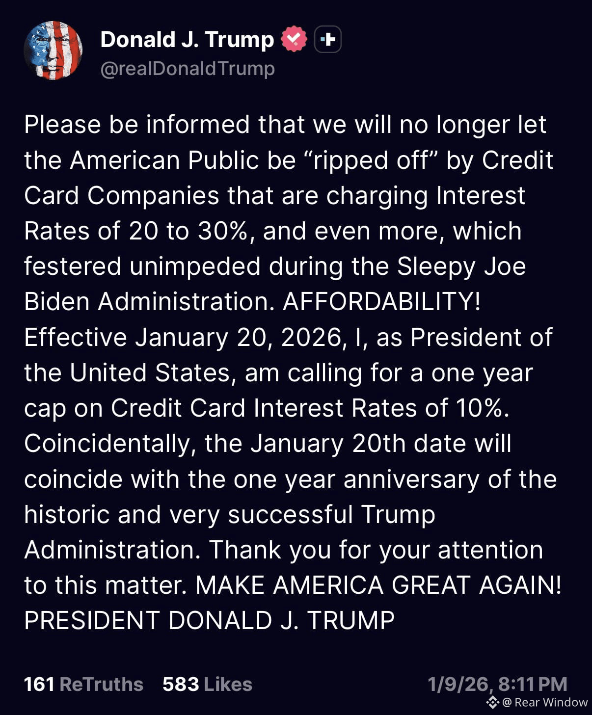特朗普重磅消息：总统呼吁将信用卡利率上限定为10% 💳📉 ​2026年1月9日星期五，特朗普总统为应对国家债务压力| Rear  Window发布于币安广场
