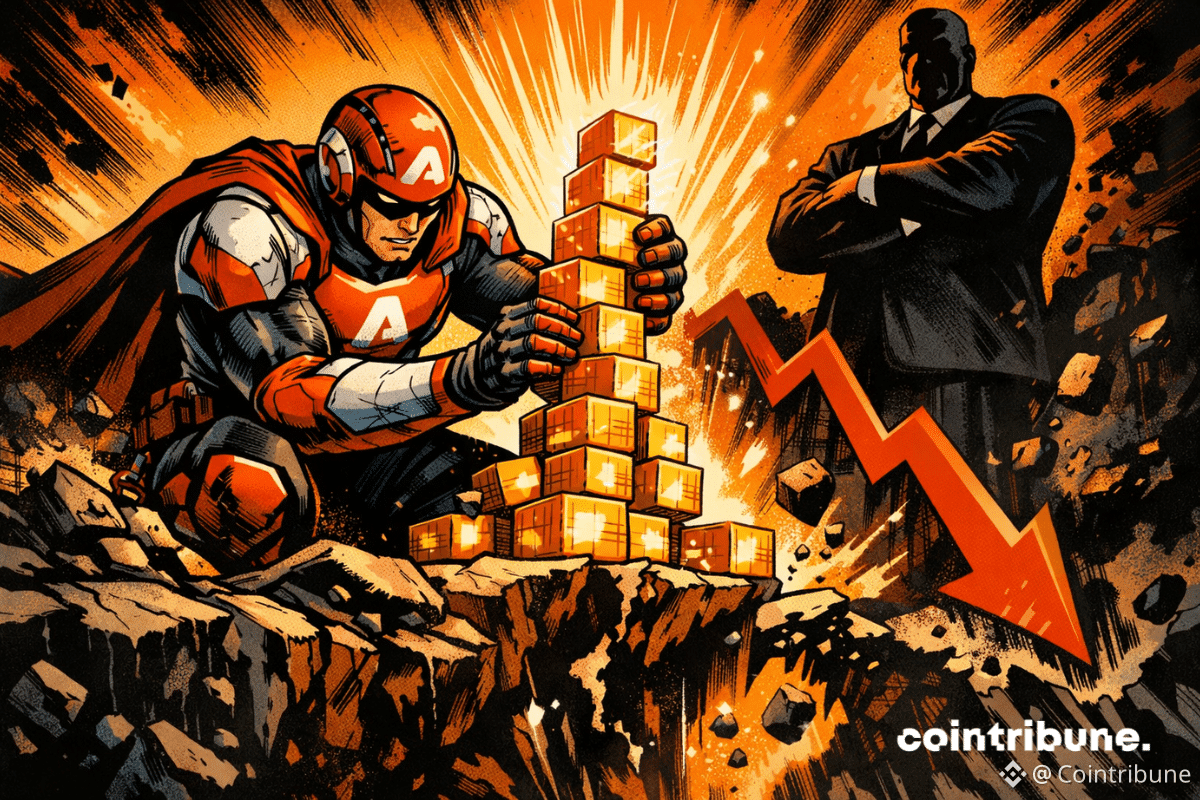 Héros Avalanche empile des blocs tokenisés lumineux tandis que le sol s’effondre, silhouette institutionnelle observe, paradoxe massive et chute du prix d'AVAX.