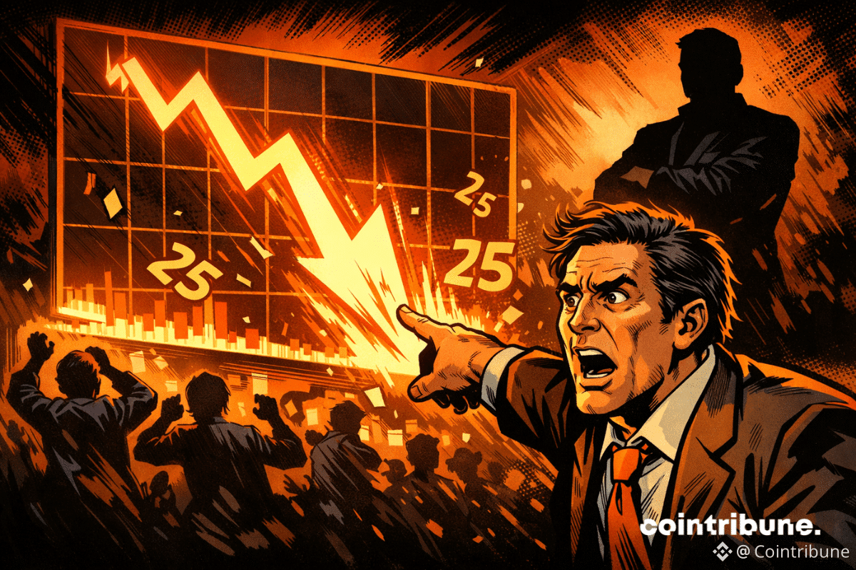 Un économiste, sous le choc, montre du doigt un graphique boursier en chute libre tandis que les traders paniquent et que Warsh observe calmement en arrière-plan.