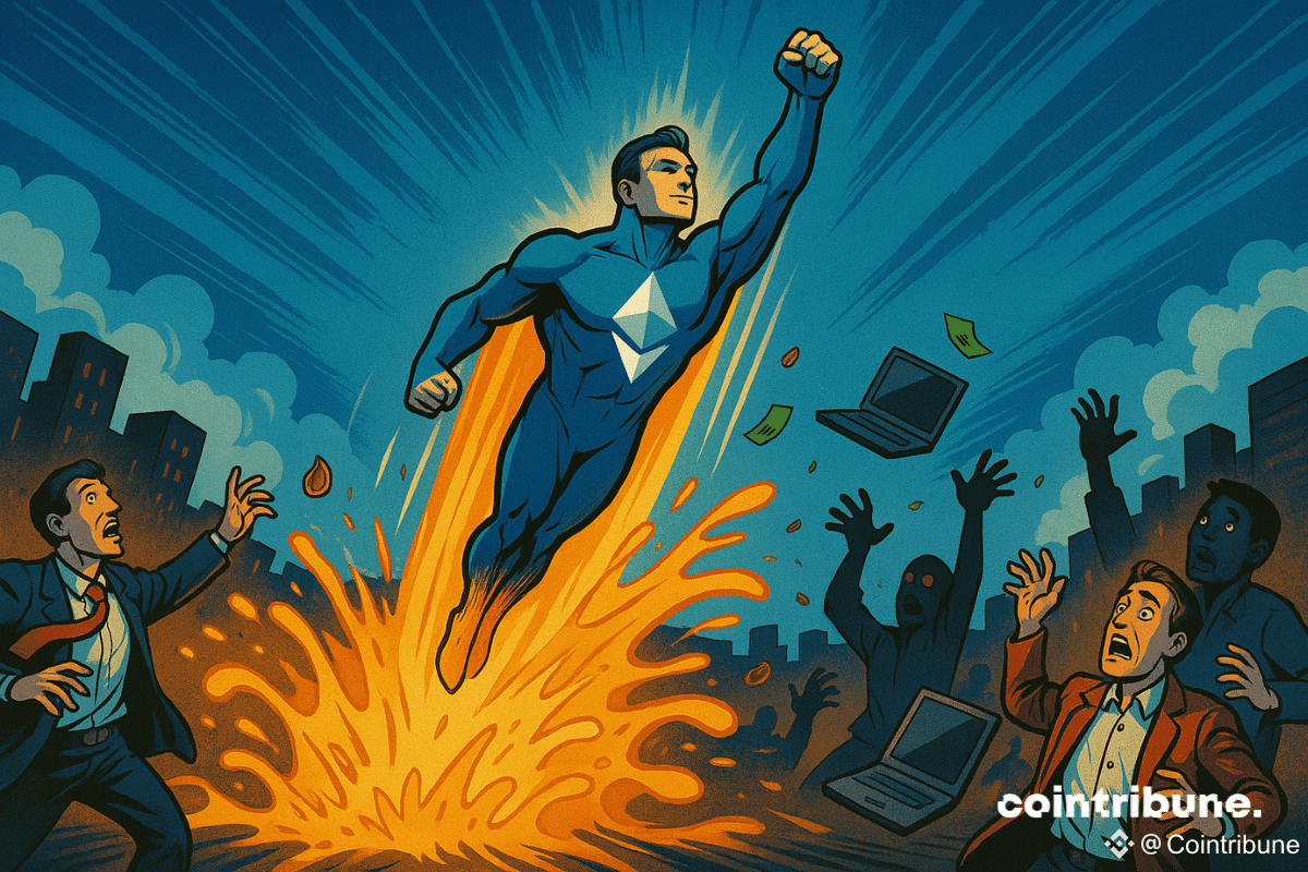 Un super-héros Ethereum fuse dans le ciel, ce qui symbolise l’ascension rapide de la crypto.