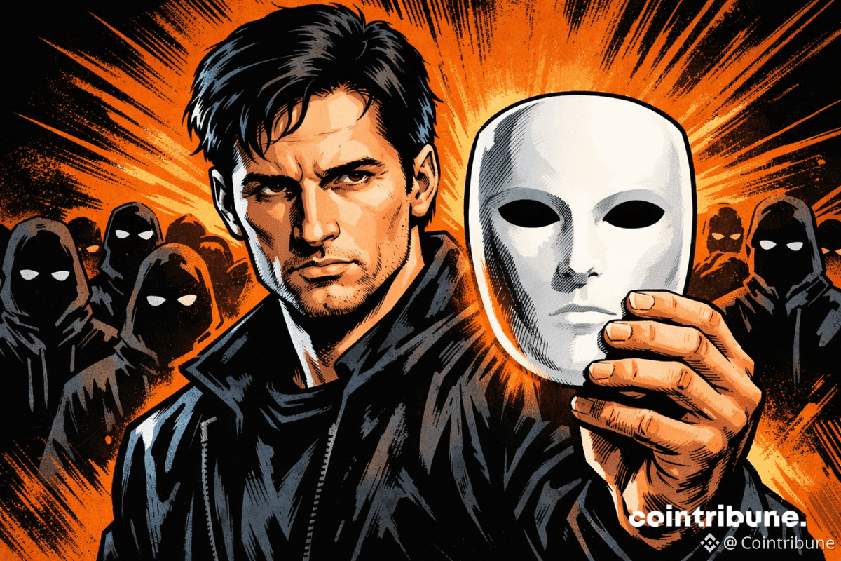 Au premier plan, Pavel Durov tient un masque blanc vierge, devant des silhouettes sans visage et une explosion orange qui évoque la surveillance étatique en Espagne.