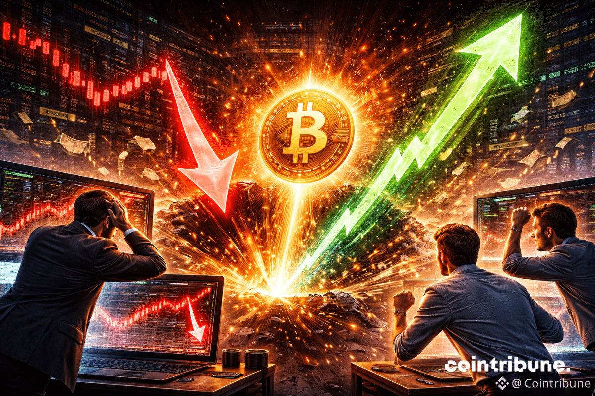 Un graphique de Bitcoin montre une chute vertigineuse jusqu’à 24 000 $, puis une ascension rapide. Des traders montrent avec des expressions de surprise pendant la chute, puis de joie ou de soulagement pendant le rebond, ce qui symbolise la baisse spectaculaire sur Binance.
