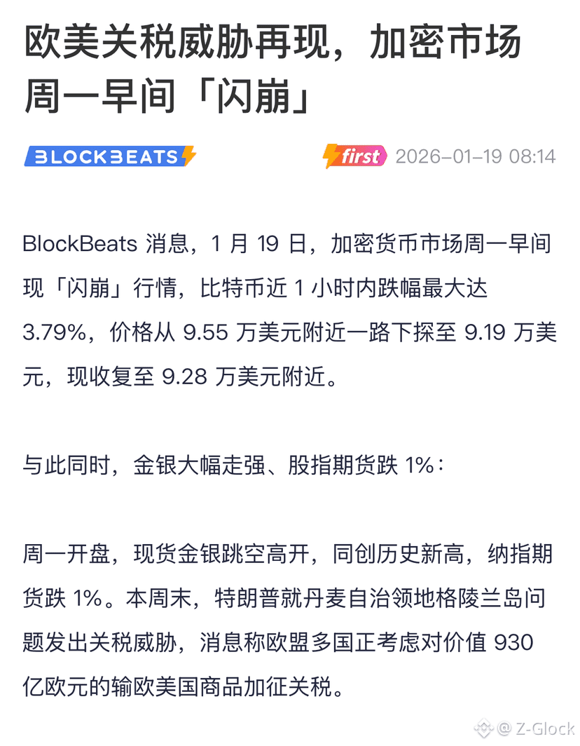 关税风暴突袭，周一早间上演“惊魂一小时” 今天$早间，加密货币市场遭遇惊魂一刻，一场由欧美关税威胁引发的“闪崩”席卷全| Z-Glock